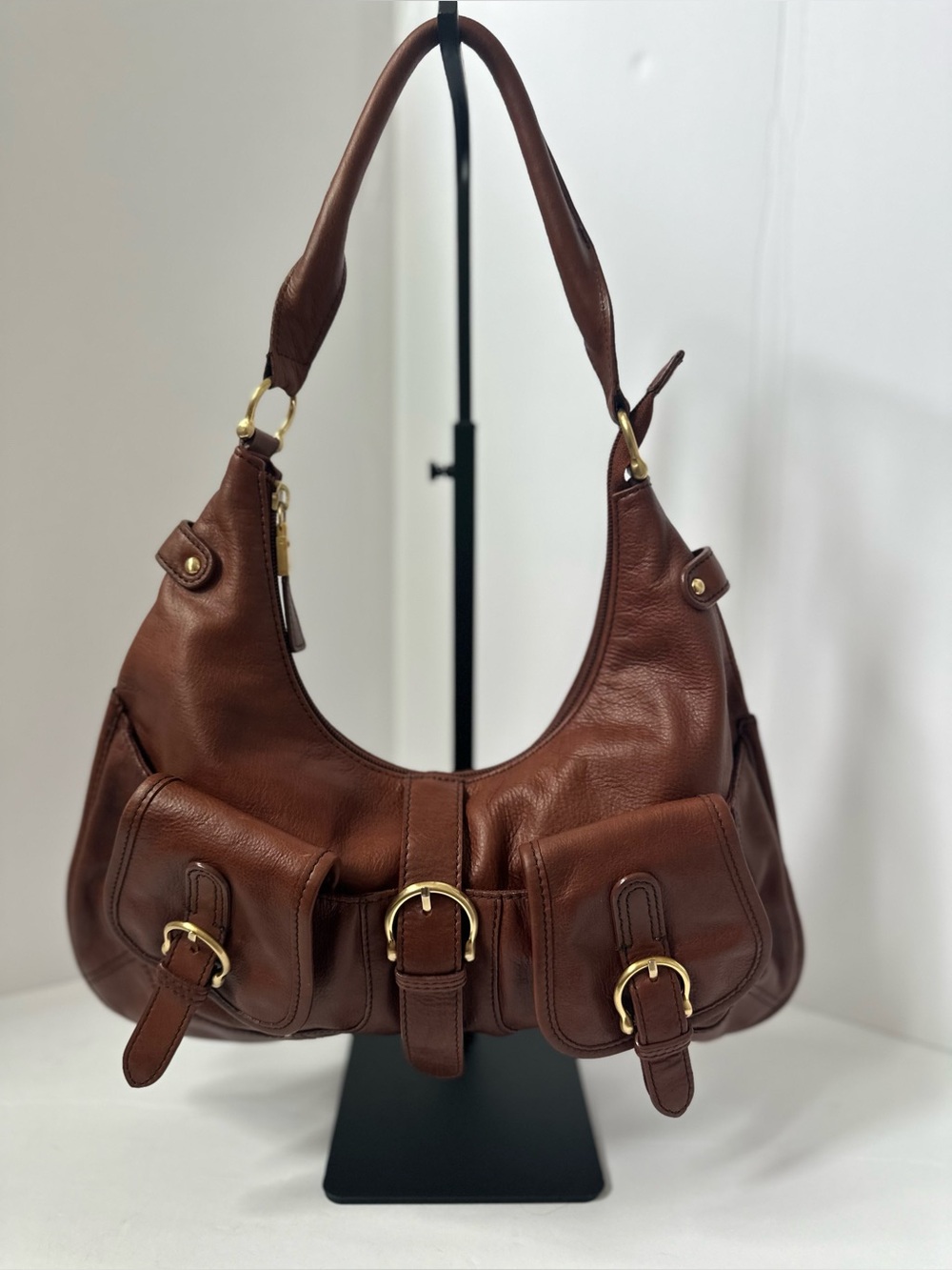 Vintage Talbots Leather Hobo Bag. Y2K 90’s Brown Brass Buckles EUC Boho Cognac